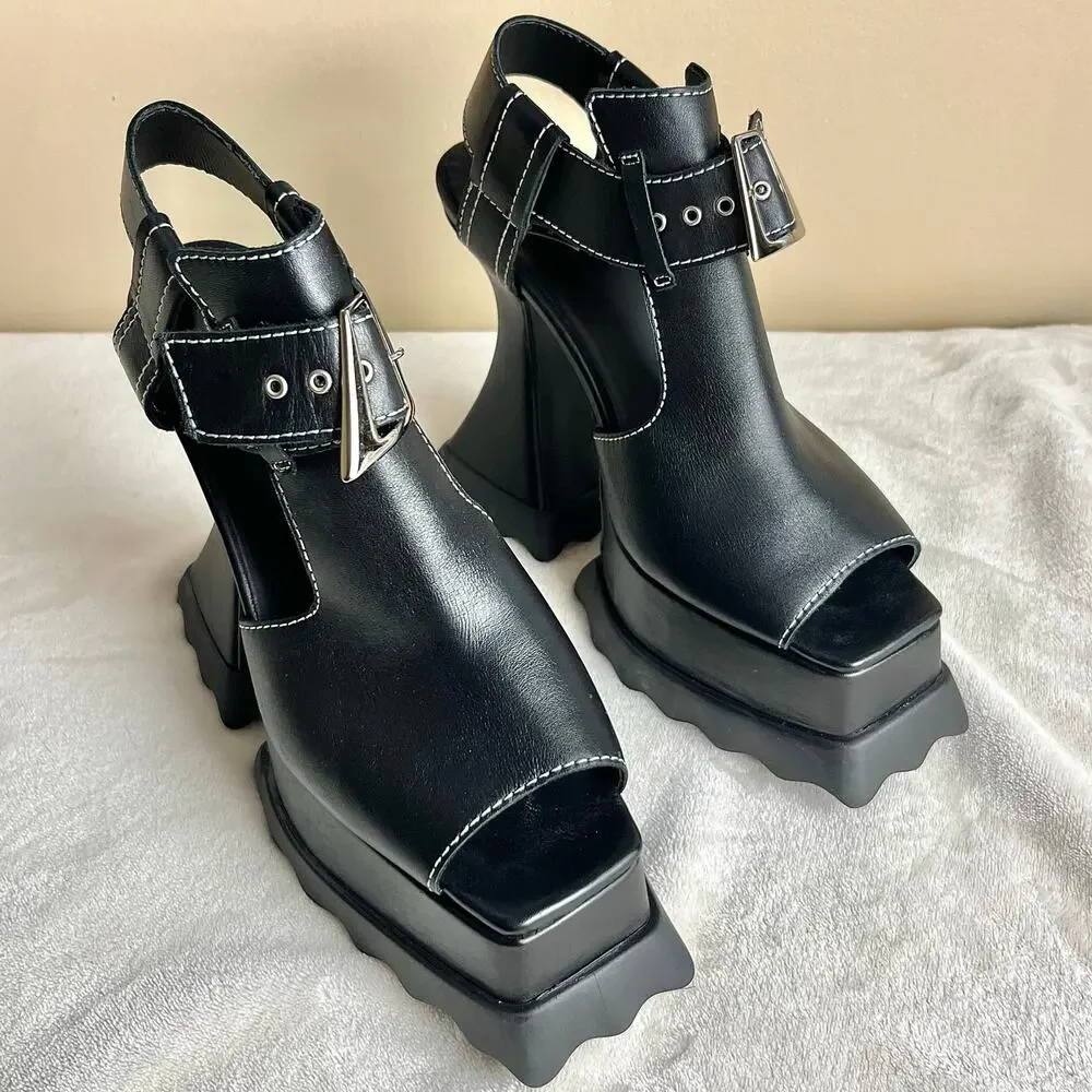 John Fluevog Munster Max Daisy T-Strap Platform Heels in Black